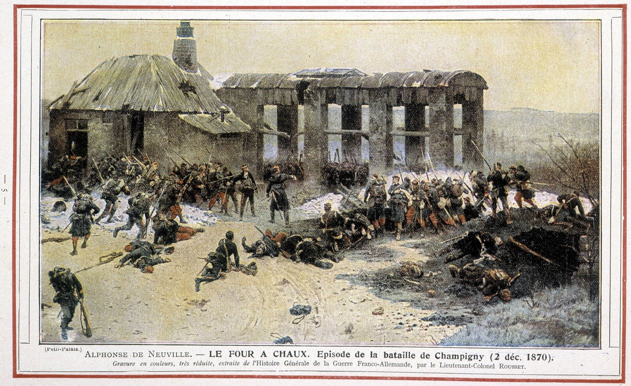 Le oven à Chaux - Episodi Champignyn taistelusta (12.2.1870), kirjoittanut Alphonse de Neuville. Kaiverrus everstiluutnantti Rousset teoksesta "General History of the German Franco War". tekijältä Alphonse Marie de Neuville