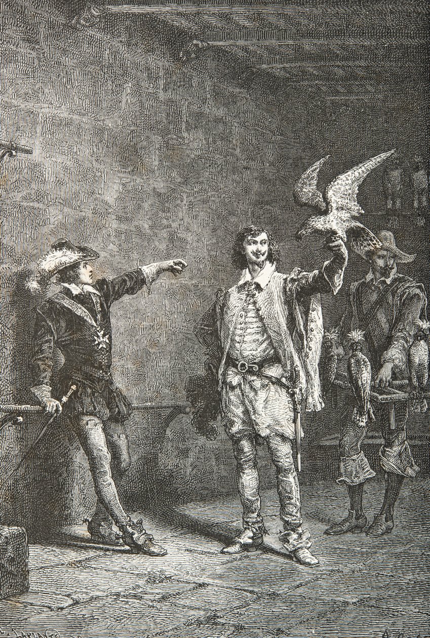 Ludvig 13 kuusitoistavuotiaana suosikkinsa Luynesin herttuan kanssa (kaiverrus). tekijältä Alphonse Marie de Neuville