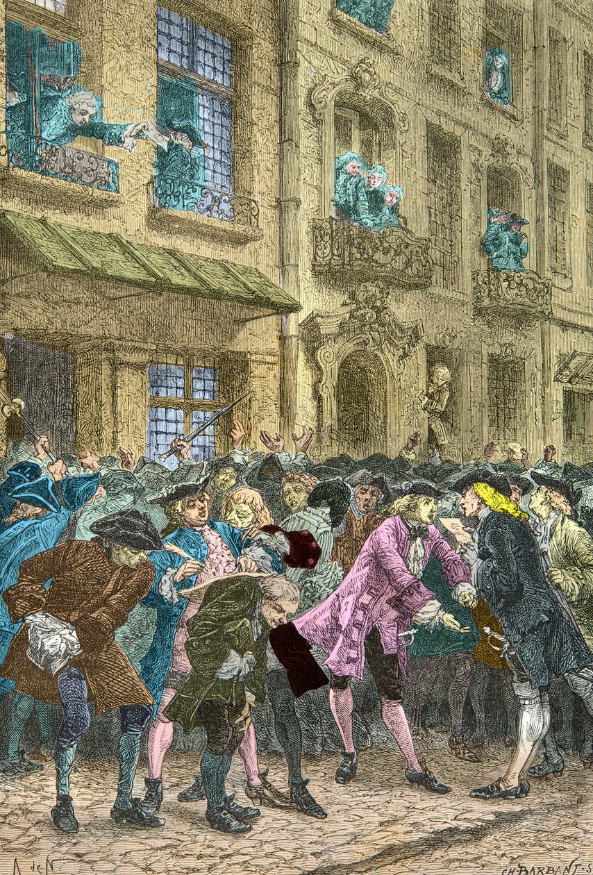 Rue Quincampoix, jossa keinottelijat tapaavat, noin 1720 (kaiverrus). tekijältä Alphonse Marie de Neuville