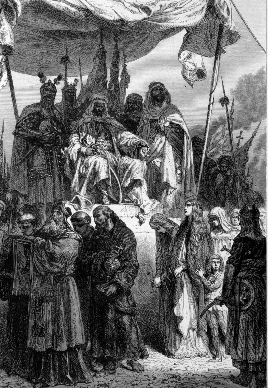 Jerusalemin kristityt lähtevät ennen Saladinia (1138-1193) (Salah al Din Yusuf al-Ayyubi (al Ayyubi) Pyhän kaupungin valloituksen jälkeen - Neuvillen kaiverrus tekijältä Alphonse Marie de Neuville