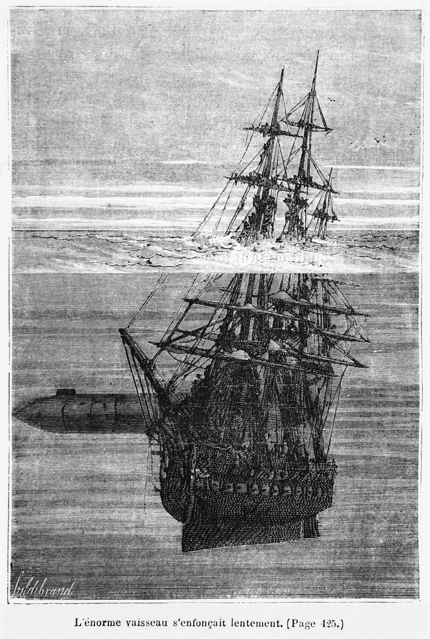Nautilus, kuvitus Jules Vernen (1828-1905) teoksesta "20 000 merivuotta meren alla", kaiverrettu Henri Theophile Hildibrandilta (1824-97) Pariisi, Hetzel, julkaistu 1877. tekijältä Alphonse Marie de Neuville