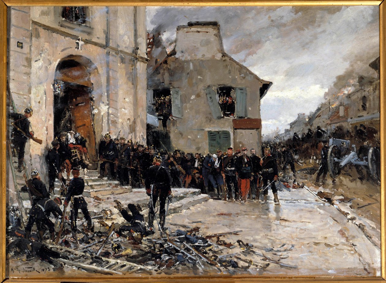 Sota 1870-1871 ja Pariisin piiritys preussilaisten toimesta: "" Le combat du Bourget, 30.10.1870"" Alphonse de Neuvillen (1835-1885) maalaus 1873 Su. 0,57x0,79 m. Pariisi, Musee d