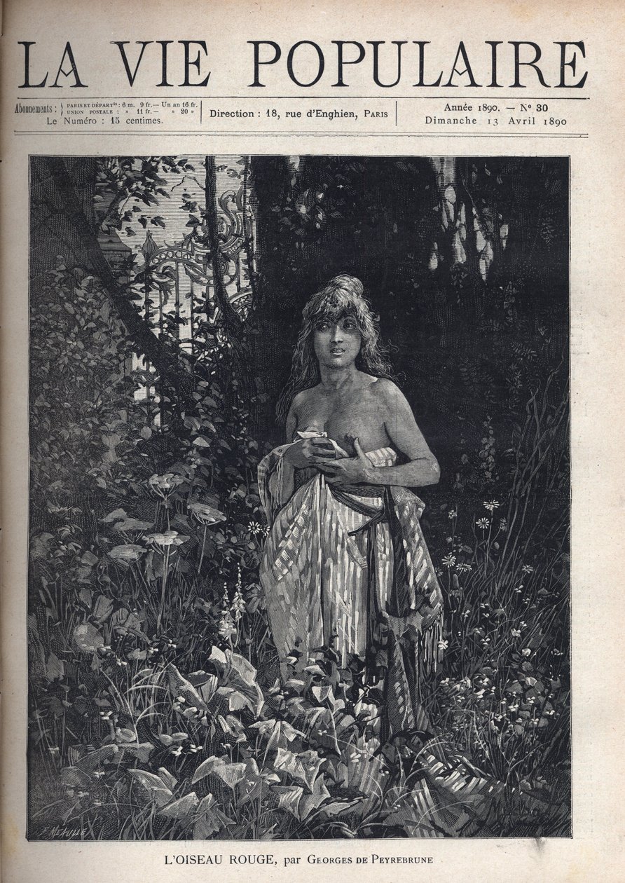 Alaston nuori nainen, seisoo ja decoiffee, peittää vartalonsa huovalla, ympäröimänä kasvillisuus ja puut, jotka peittävät takorautaverkon. Kuvitus: Alfons Maria Mucha (Alphonse Marie Mucha tekijältä Alphonse Mucha