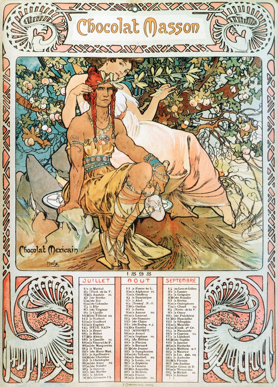 Vuoden 1898 aikuisten kalenterin sivu 1898, koristelu Alphonse Muchan (1860-1939) mainoskuvitukseen suklaille Masson - "" Keski-ikä"" Mainoskuvitus Alphonse Mucha tekijältä Alphonse Mucha
