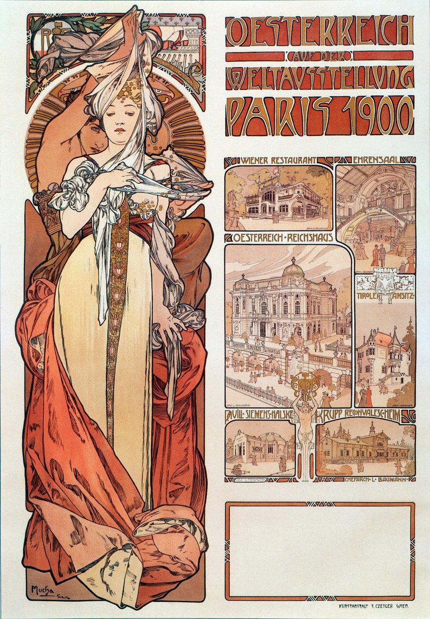 Alphonse Muchan (1860-1939) Itävallan mainosjuliste edustettuna Pariisin yleisnäyttelyssä 1900 - Koko 68x98,5 cm Alphonse Muchan mainosjuliste "" Austria" -näyttelyssä tekijältä Alphonse Mucha
