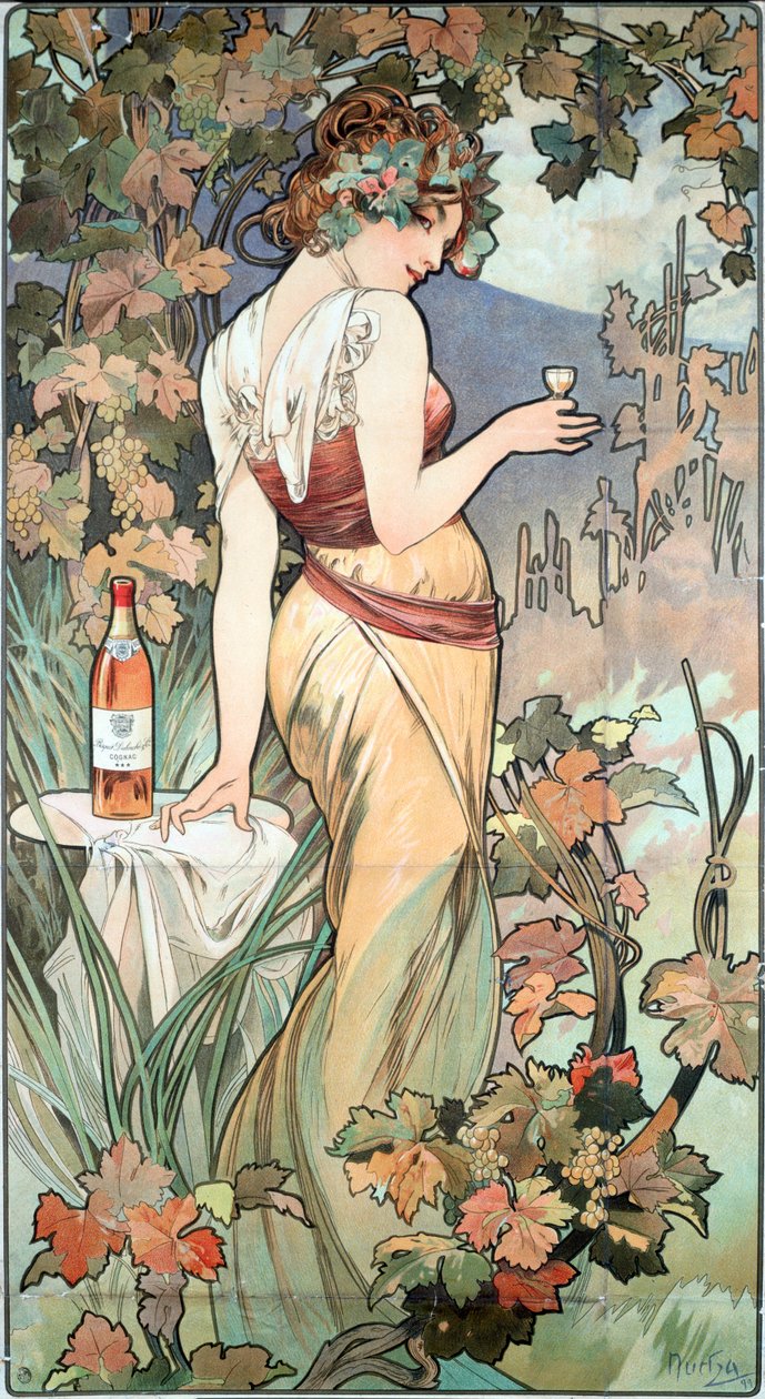 Alphonse Muchan (1860-1939) mainosjuliste Cognac Bisquitille, Dubouche, 1899 - Alphonse Muchan mainosjuliste "Cognac Bisquit, Dubouche", 1899 Aurinko 61x32 cm Yksityinen kokoelma tekijältä Alphonse Mucha