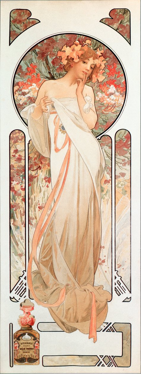 Alphonse Muchan (1860-1939) mainosjuliste tuoksulle "Sylvanis essence" 1899 - koko 21x61 cm Alphonse Muchan mainosjuliste hajuvedelle "" Sylvanis essence "" 1899 - Yksityinen kol. tekijältä Alphonse Mucha