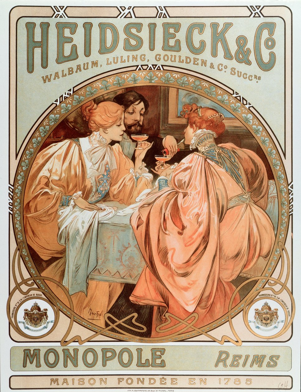 Mainosjuliste yritykselle "" Heidsieck and co "" Maison de Champagne Charles Heidsieck, litografia Alphonse Mucha (1860-1939) 1901 - Mainosjuliste Heidsieck Champagne Companylle, 1901 - Sun 49x tekijältä Alphonse Mucha