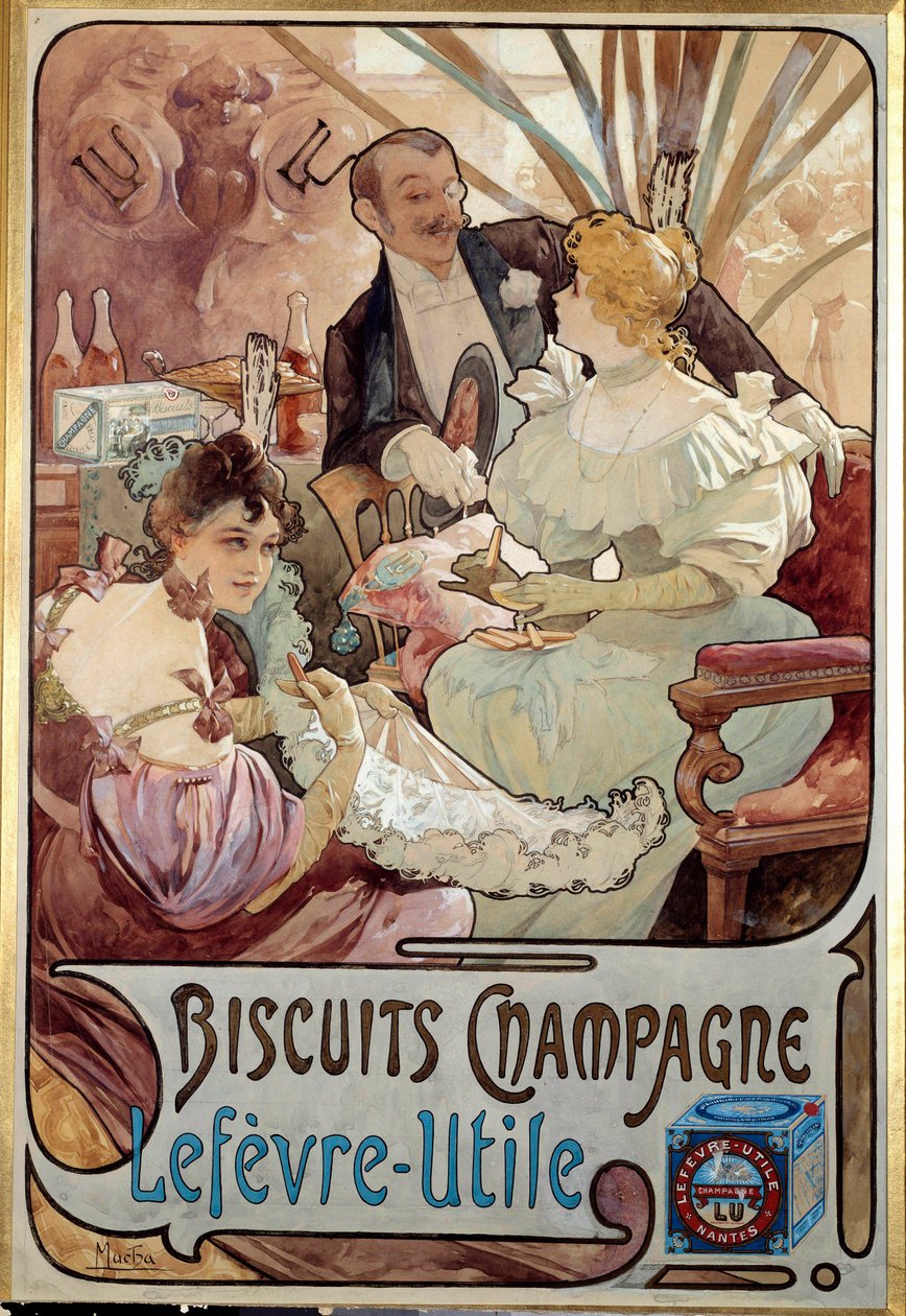 Art Nouveau: mainosjuliste kekseille Samppanja, Lefevre Utile, valmistaja Alphonse Mucha (1860-1939) 1897 - Art Nouveau: mainosjuliste Biscuits Champagnelle, valmistaja Lefevre-Utile, Alphonse Mucha (1860-18937) tekijältä Alphonse Mucha