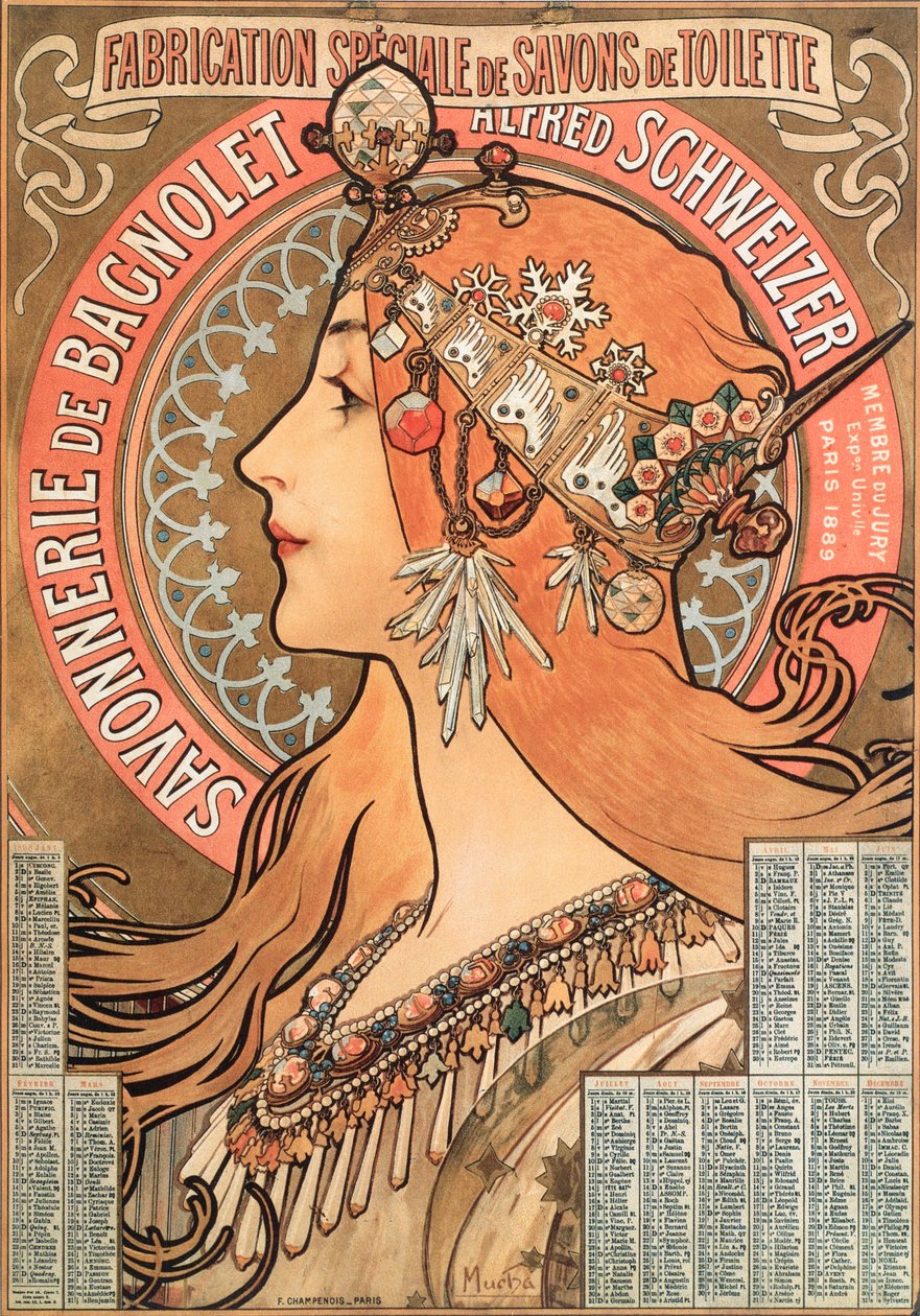 Vuoden 1898 kalenterisivu, koristelu Alphonse Muchan (1860-1939) mainoskuvitukselle Saippuayhtiö Savonnerie de Bagnolet Alfred Schweizer - Mainoskuvitus Alphons ( tekijältä Alphonse Mucha