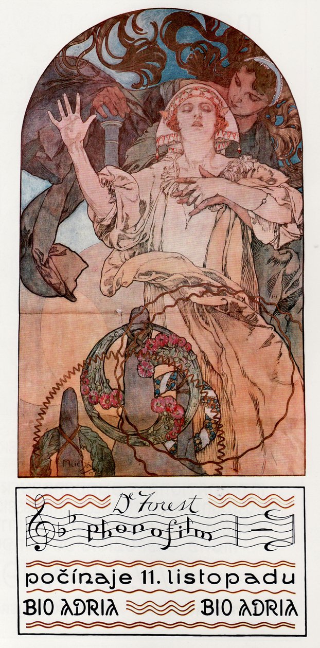 DeForest Phonofilm. Yhden ensimmäisistä musiikkiäänielokuvista esiteltiin Adriassa Prahassa, 1927 tekijältä Alphonse Mucha