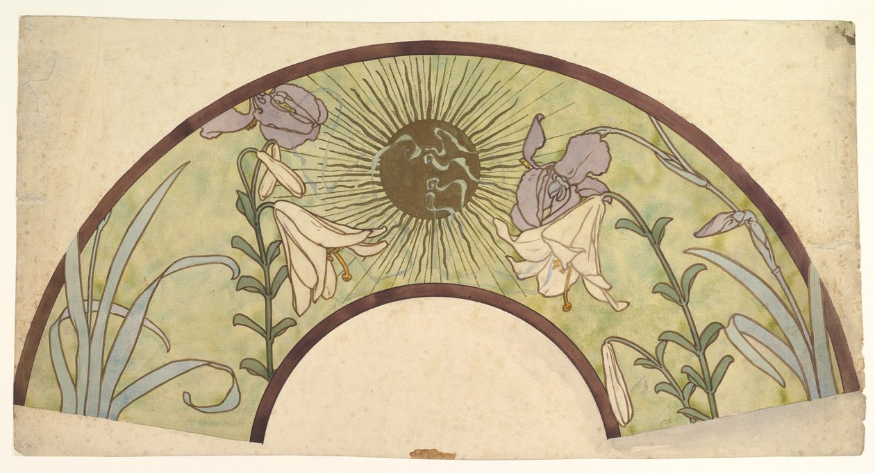 Suunnittelu tuulettimelle, jossa on auringonsäteitä, liljoja ja iiriksiä, 1800-luvun loppu - 1900-luvun puoliväli tekijältä Alphonse Mucha