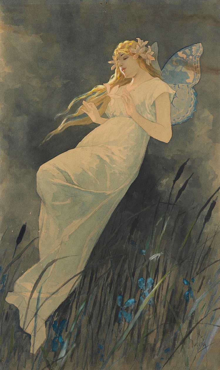 Tonttu iiriskukilla, n. 1886-1890. tekijältä Alphonse Mucha