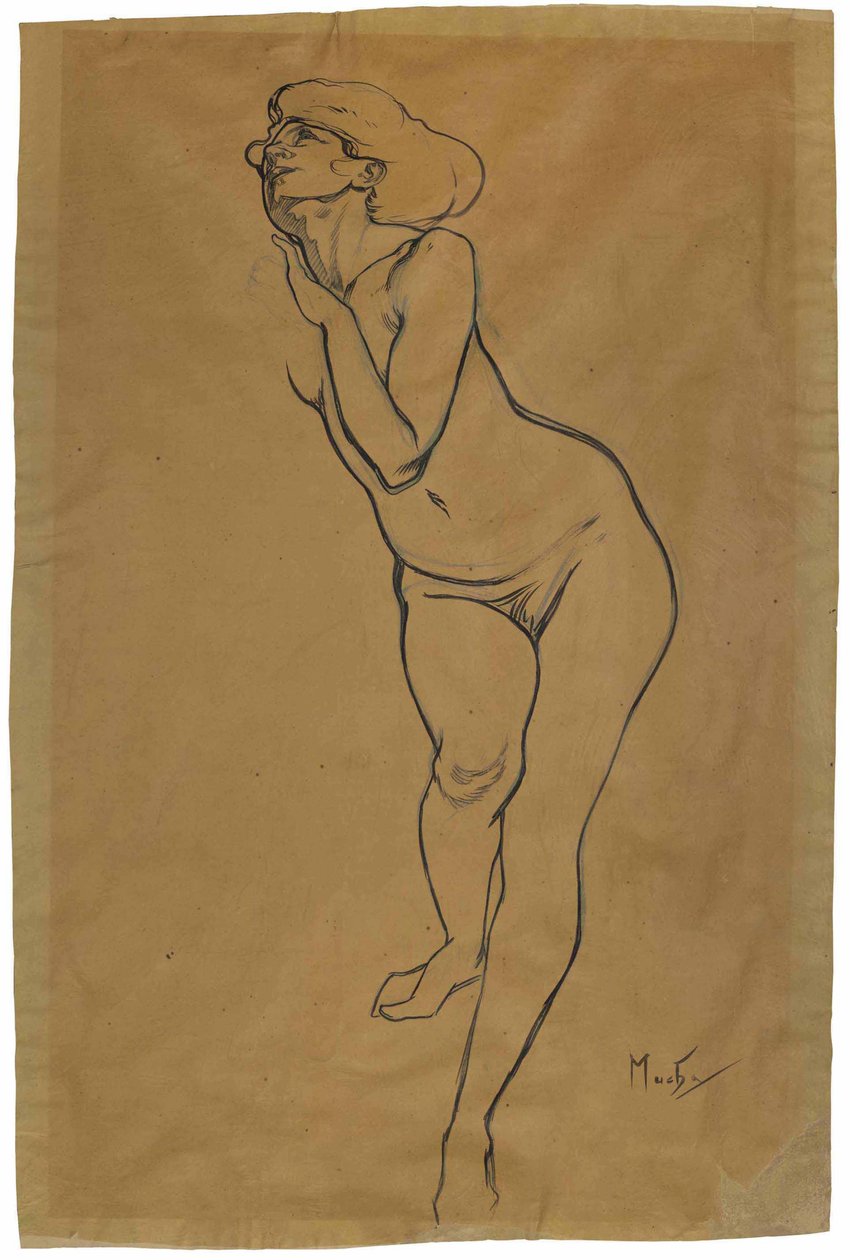 Alaston nainen seisomassa. tekijältä Alphonse Mucha