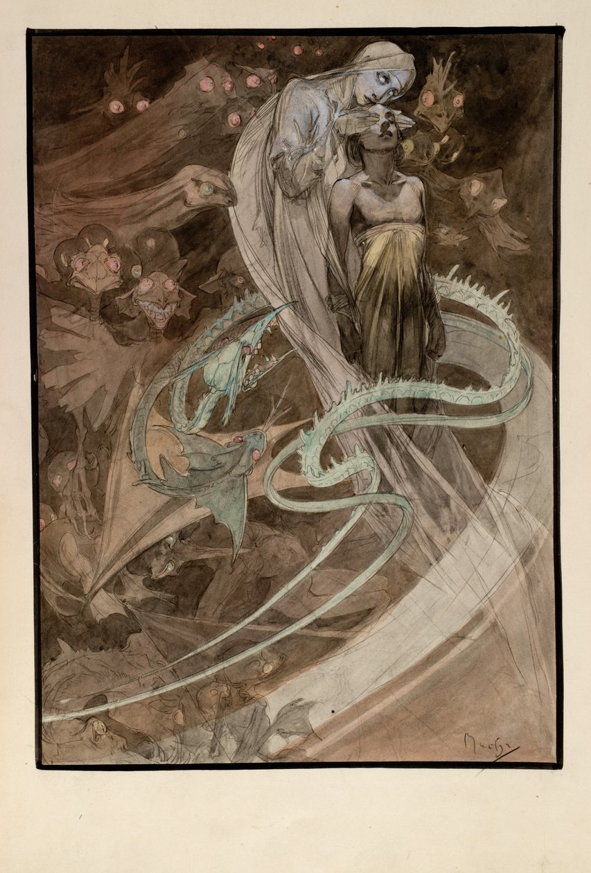 Kuvitus kuvitetulle painokselle Le Pater tekijältä Alphonse Mucha