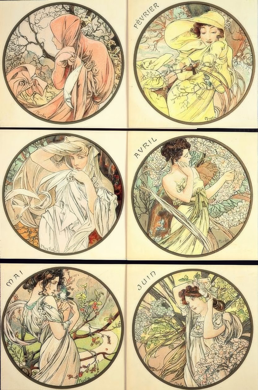 Tammikuu / helmikuu / maaliskuu / huhtikuu / toukokuu / kesäkuu tekijältä Alphonse Mucha