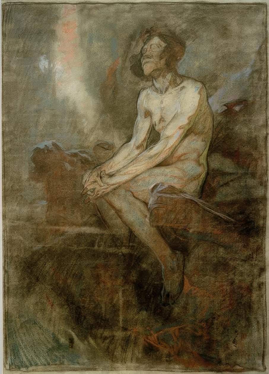 Mies alaston istuu kivellä tekijältä Alphonse Mucha