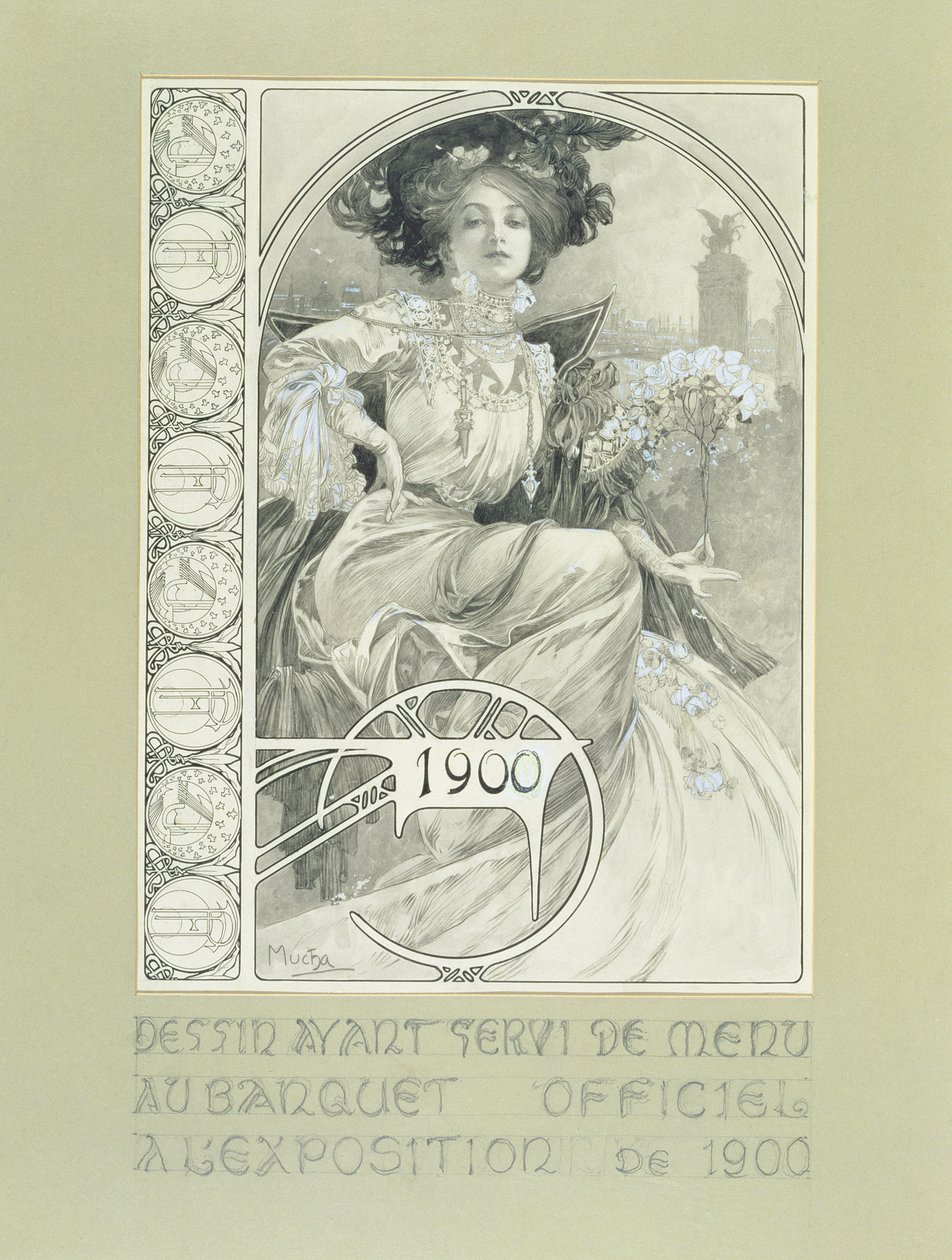Pariisin kansainvälisen näyttelyn virallinen juhla-ateria 1900. Menun suunnittelu. tekijältä Alphonse Mucha