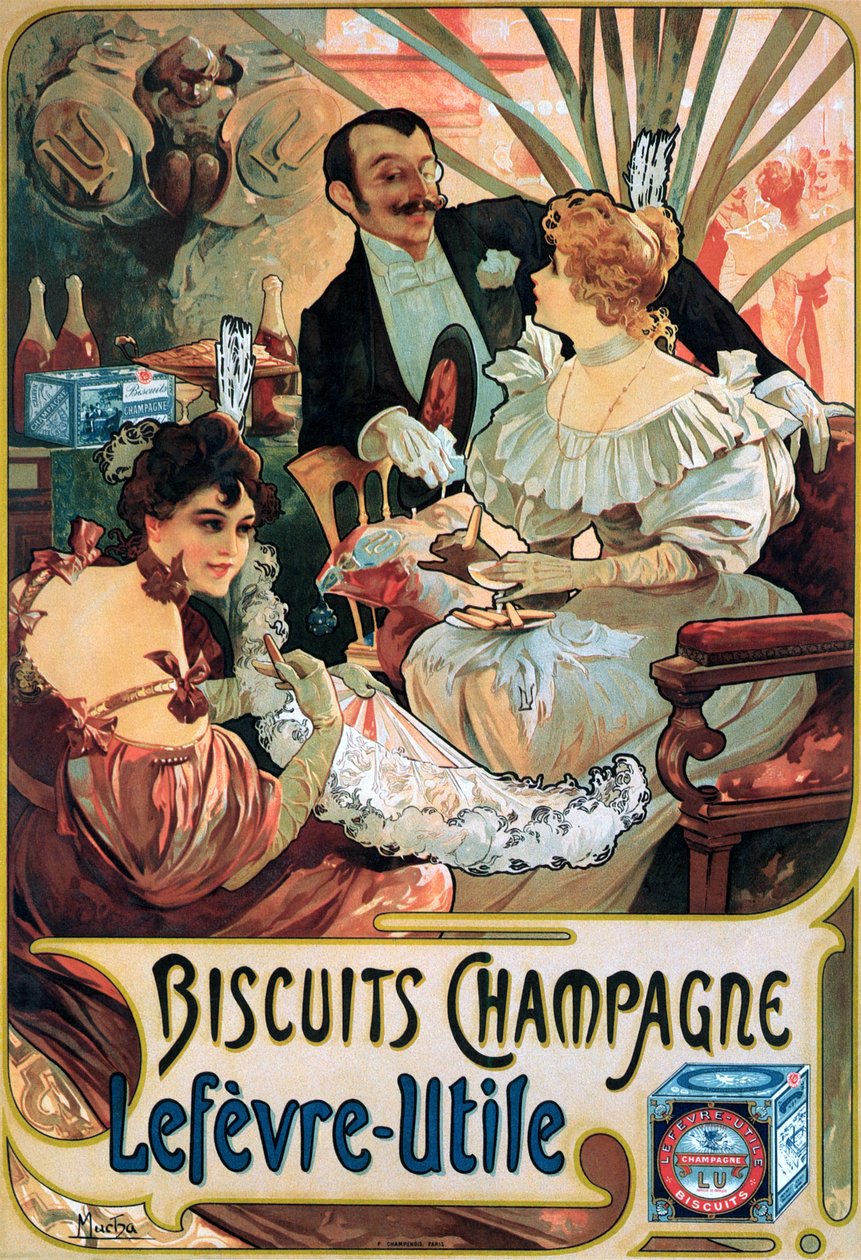 Julistemainos Biscuits Champagne Lefèvre-Utile tekijältä Alphonse Mucha