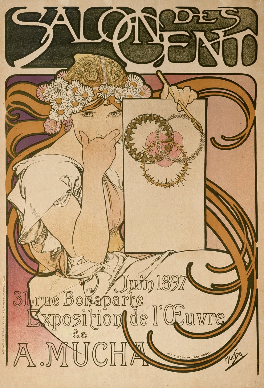 Juliste Alphonse Muchas -näyttelyyn Salon des Centissä, Pariisissa, Ranskassa, 1897 tekijältä Alphonse Mucha