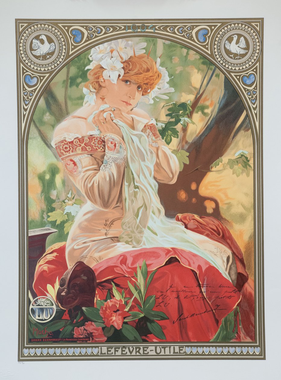 Lefevre-Utilen juliste. Sarah Bernhardt Melissinden roolissa La Princesse Lointaine -elokuvassa. tekijältä Alphonse Mucha