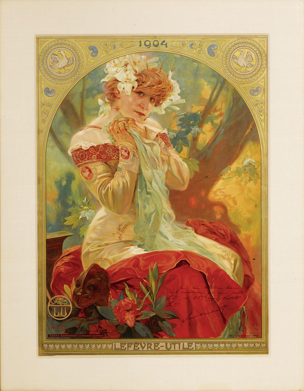 Lefevre-Utilen juliste. Sarah Bernhardt Melissinden roolissa La Princesse Lointaine -elokuvassa E tekijältä Alphonse Mucha