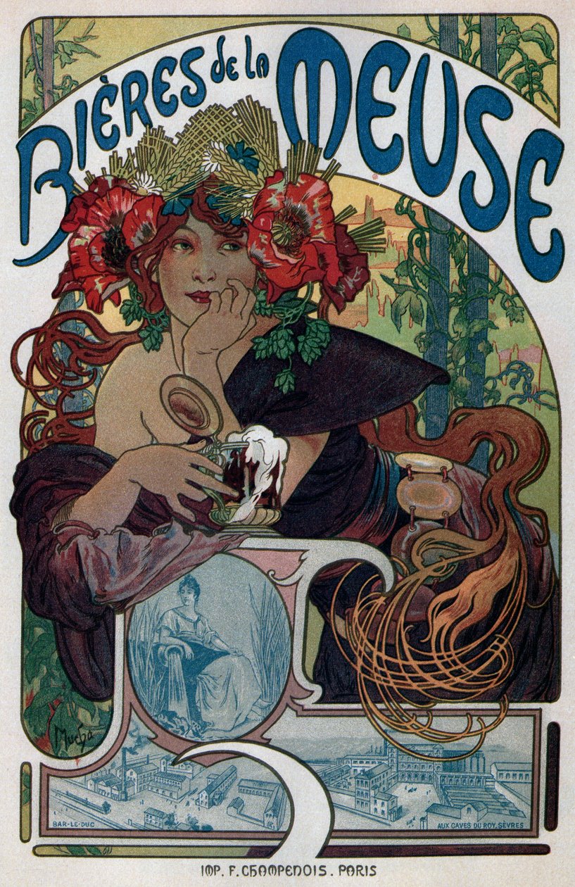 Juliste Maasin oluille, 1897 tekijältä Alphonse Mucha