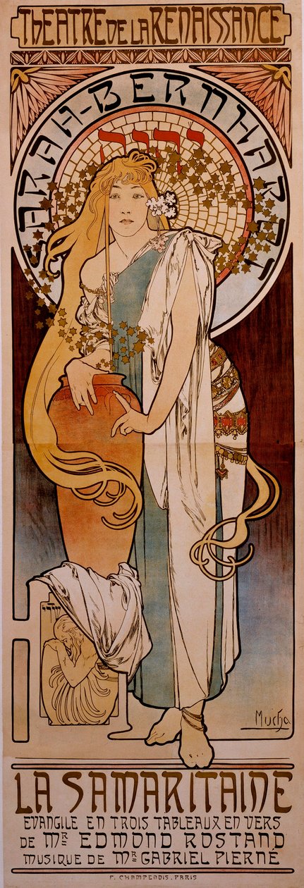 Juliste Edmond Rostandin teokseen "" La Samaritaine" - esitti Henriette Rosine Bernard dit Sarah Bernhardt (1844-1923) vuonna 1897 Theater de la Renaissancessa. Piirustus Alphonse Mucha (1860-1939) 1897 tekijältä Alphonse Mucha