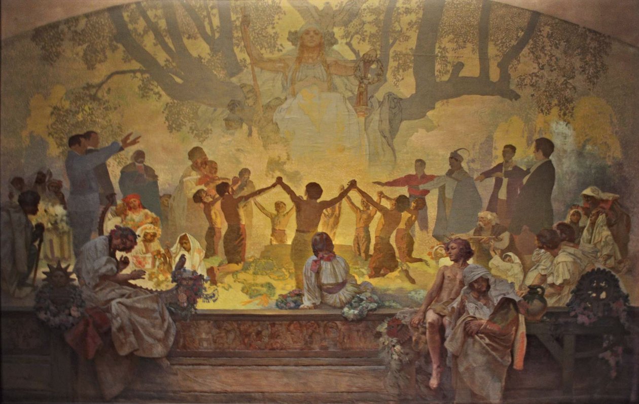 Omladinan vala slaavilaisen lehmuspuun alla Sykli Slaavieepos tekijältä Alphonse Mucha