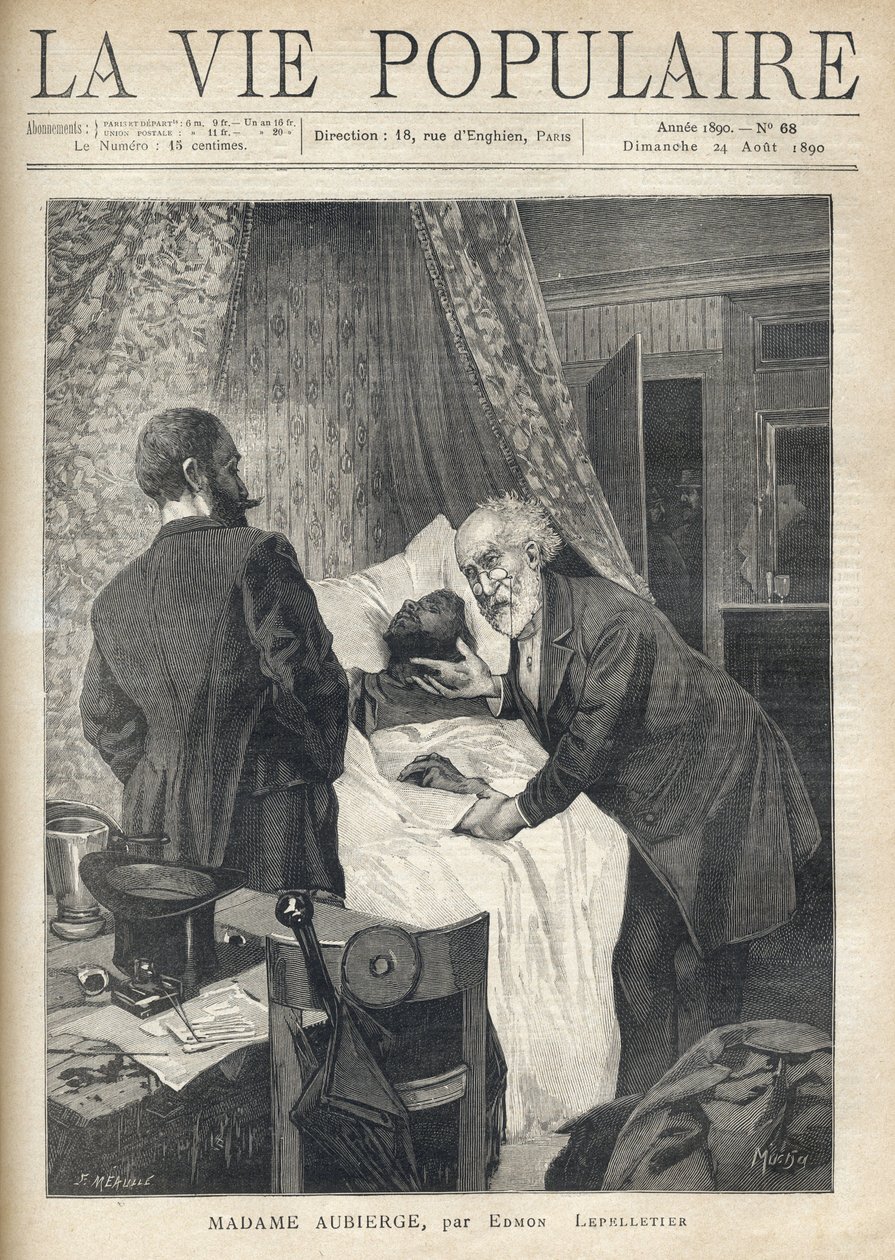 Kaksi miestä kumartuu sängyn yli nähdäkseen miehen kuoleman. Ovella muut miehet katsovat kohtausta. Kuvitus: Alfons Maria Mucha (Alphonse Marie Mucha tekijältä Alphonse Mucha
