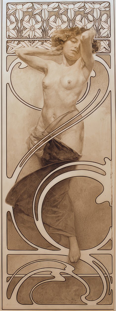 Taulukon 10 alustava piirustus tekijältä Alphonse Mucha