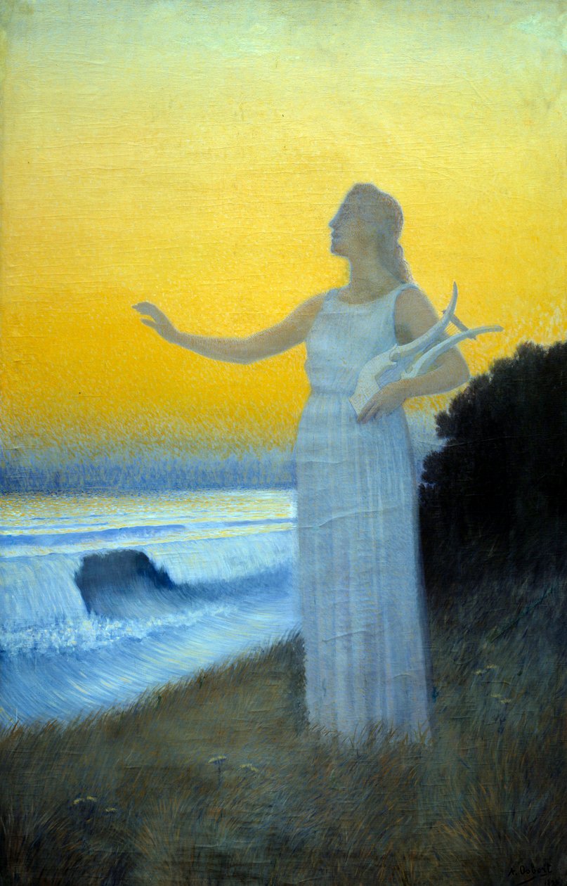 Hymni merelle Nuori nainen, jolla on lyyra merelle päin. Hahmo muistuttaa antiikin Saphon kreikkalaista runoilijaa. Alphonse Osbertin (1857-1939) maalaus 1900 Yksityinen kokoelma tekijältä Alphonse Osbert