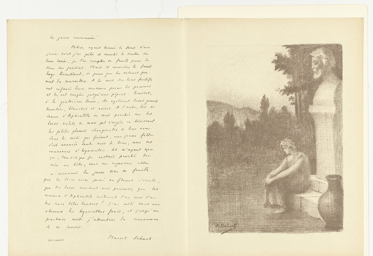 Kuvitus naisesta istumassa lähellä miehen rintakuvaa ja vesikannua Marcel Schwobin runolla La jarre couronnée Illustration pour La jarre couronnée de Marcel Schwob L