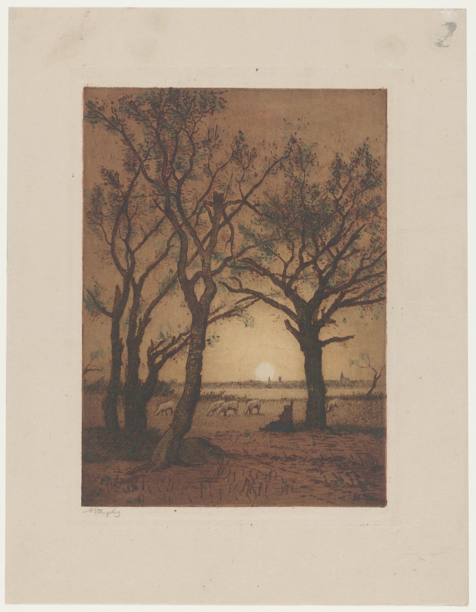 Maisema lampaiden kanssa auringonlaskun aikaan Iltamaisema lampaiden kanssa Drenthessä tekijältä Alphonse Stengelin (signed by artist)