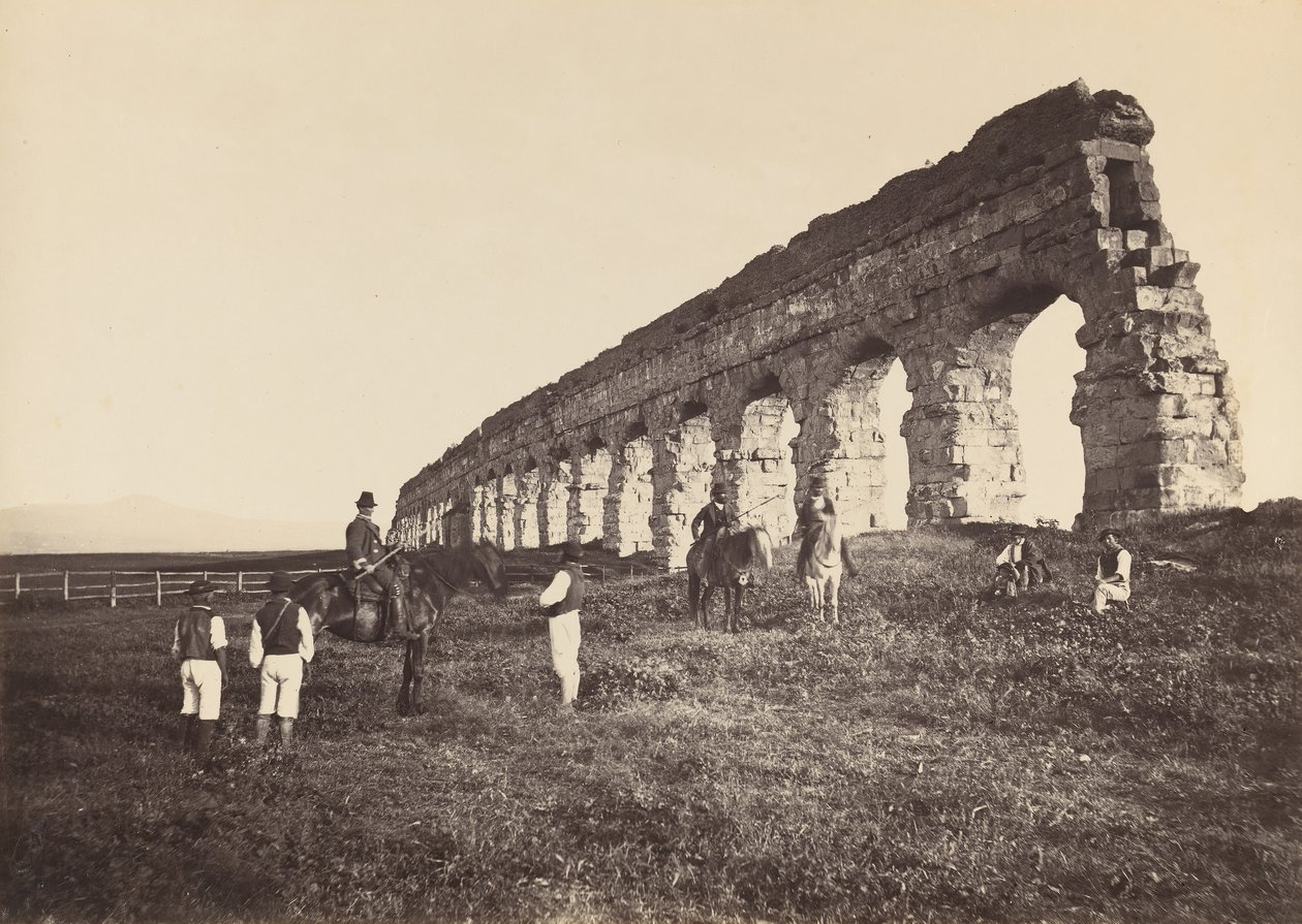 [Miehet hevosella roomalaisessa akveduktissa], 1860-luku. tekijältä Altobelli and Molins.