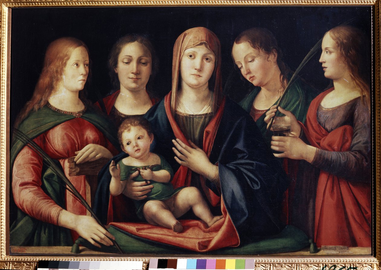 Neitsyt ja lapsi Marie Madeleinen kanssa Sainte Catherine ja kaksi pyhää (Madonna ja lapsi Maria Magdalenan kanssa, Pyhä Katariina ja kaksi pyhää). Alvise Vivarinin maalaus (noin 1446-noin 1505). Öljy kankaalle, 89 x 129 cm tekijältä Alvise Vivarini