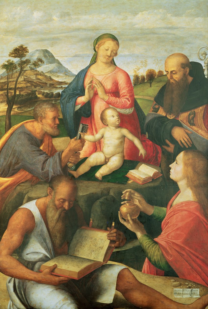 Madonna ja lapsi SS:n kanssa. Pietari, Hieronymus ja Maria Magdaleena piispan kanssa, 1500 tekijältä Alvise Vivarini