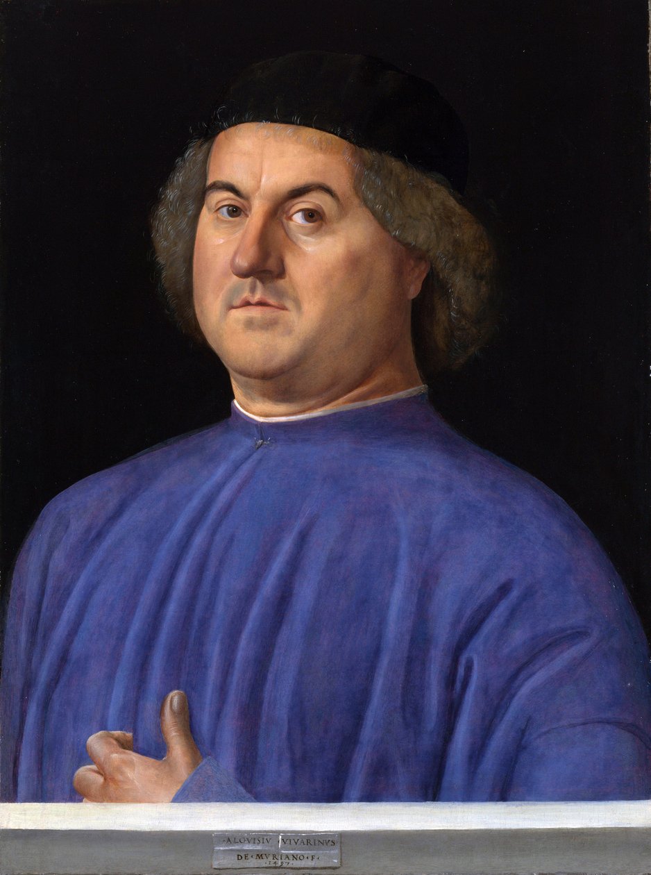 ""Miehen muotokuva"" Siniseen tunikkaan pukeutunut porvari - Alvise Vivarinin maalaus (noin 1446-noin 1505) 1497 Lontoon kansallisgalleria tekijältä Alvise Vivarini