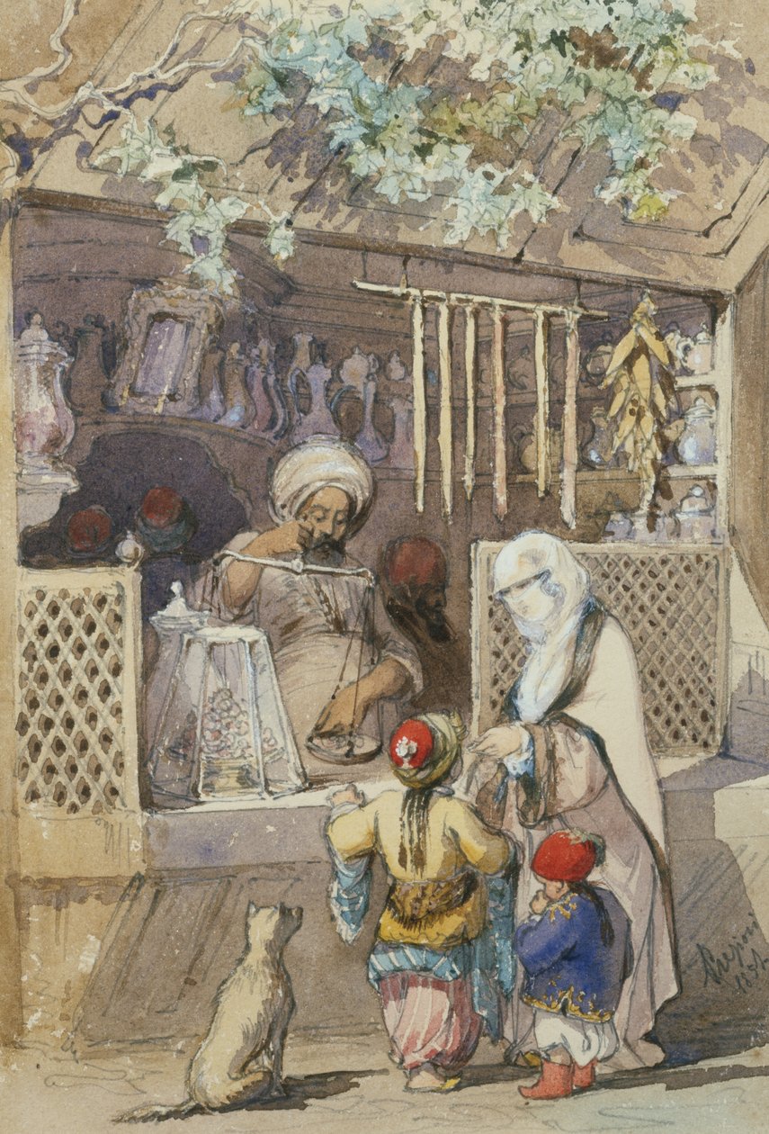 Turkkilaisia hahmoja Sweetmeat Stallissa, 1851 (lyijykynä ja wc) tekijältä Amadeo Preziosi