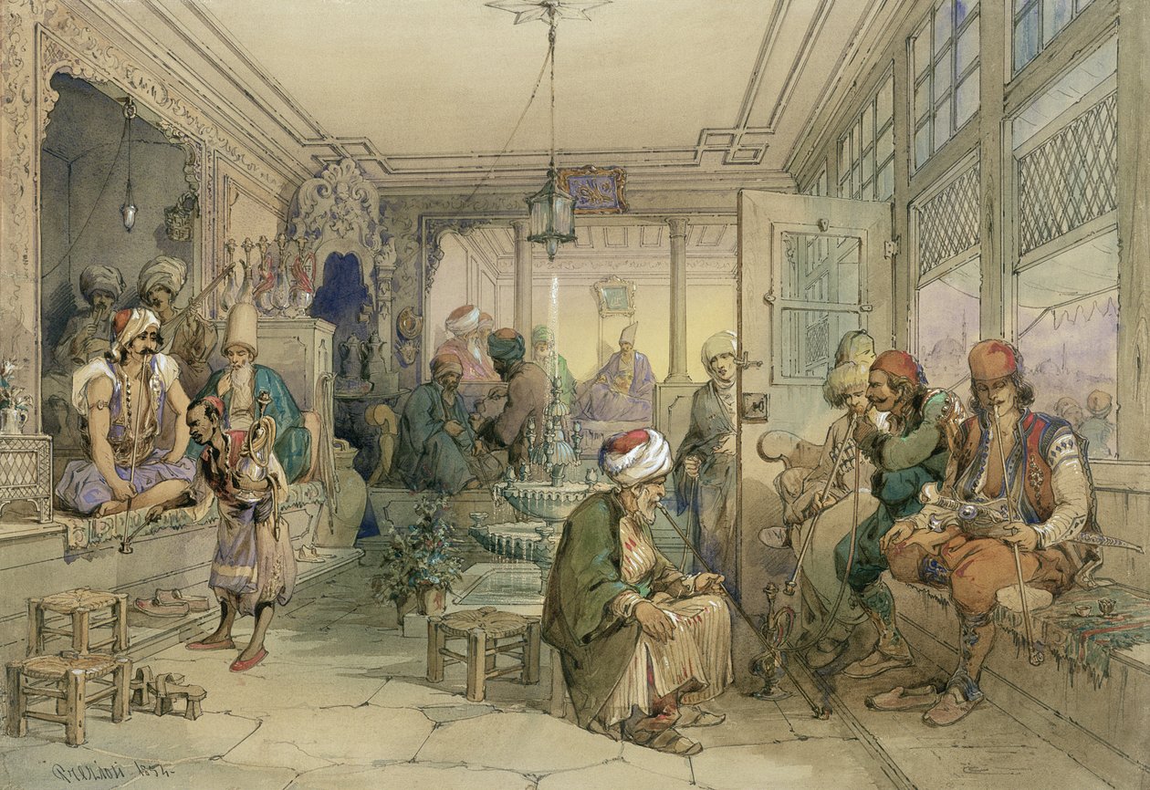 Kahvila, Konstantinopoli, 1854 (tussi ja tussi ja wc paperille) tekijältä Amadeo Preziosi