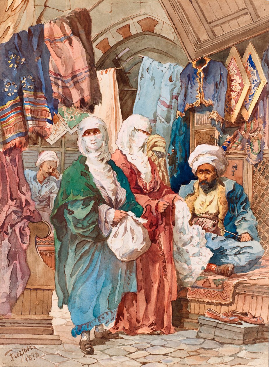 Silkkibasaari (itämaiset markkinat, souk, silkkitavarat) - Silkkibasaari - Kirjailija: Amedeo Preziosi (1816-1882), Vesiväri paperille (41x30 cm) - Pera-museo, Istanbul tekijältä Amadeo Preziosi
