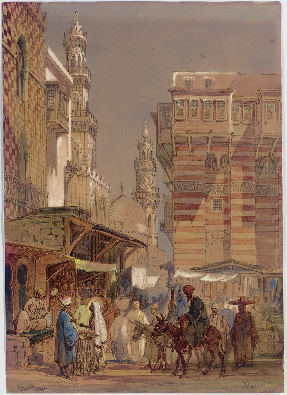 Markkinapäivä Mu"izz id-Din li-Lahissa, vanha Kairo, 1862 tekijältä Amadeo Preziosi