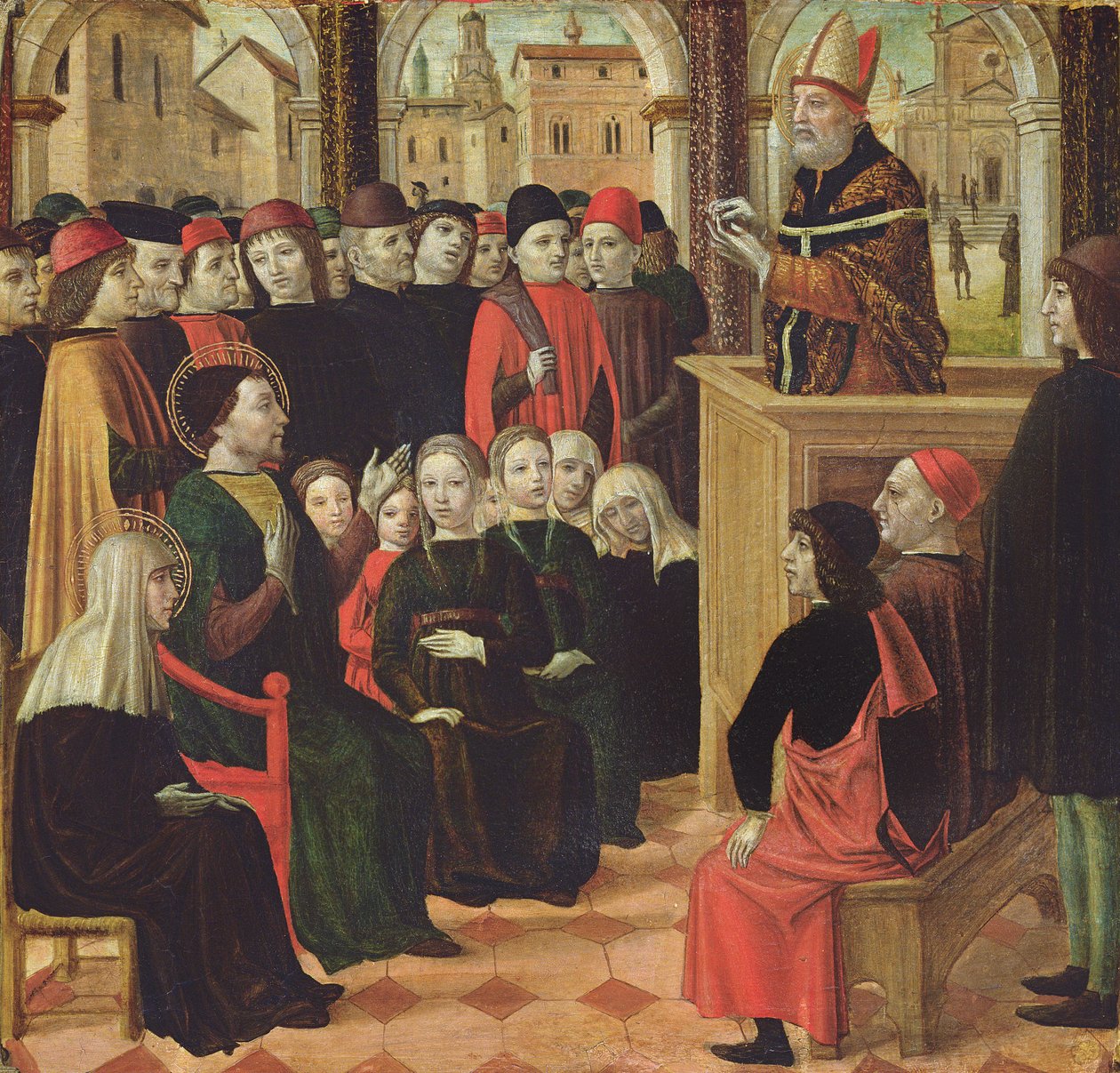 Pyhän Ambroisen saarna (tempera paneelissa) tekijältä Ambrogio Bergognone