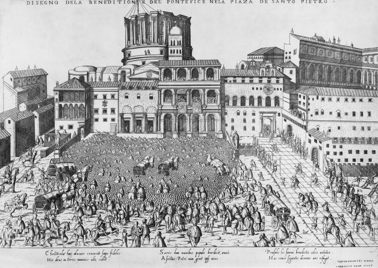 Paavin siunaus Pietarin aukiolla, n. 1583 tekijältä Ambrogio Brambilla