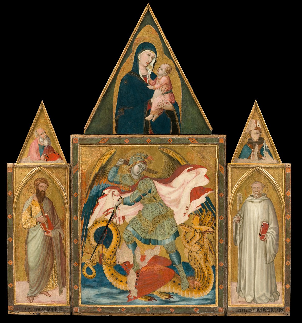 Ambrogio Lorenzetti - Rofenon luostari Pyhä arkkienkeli Mikael tappaa lohikäärmeen pyhien Bartolomeuksen välillä tekijältä Ambrogio Lorenzetti
