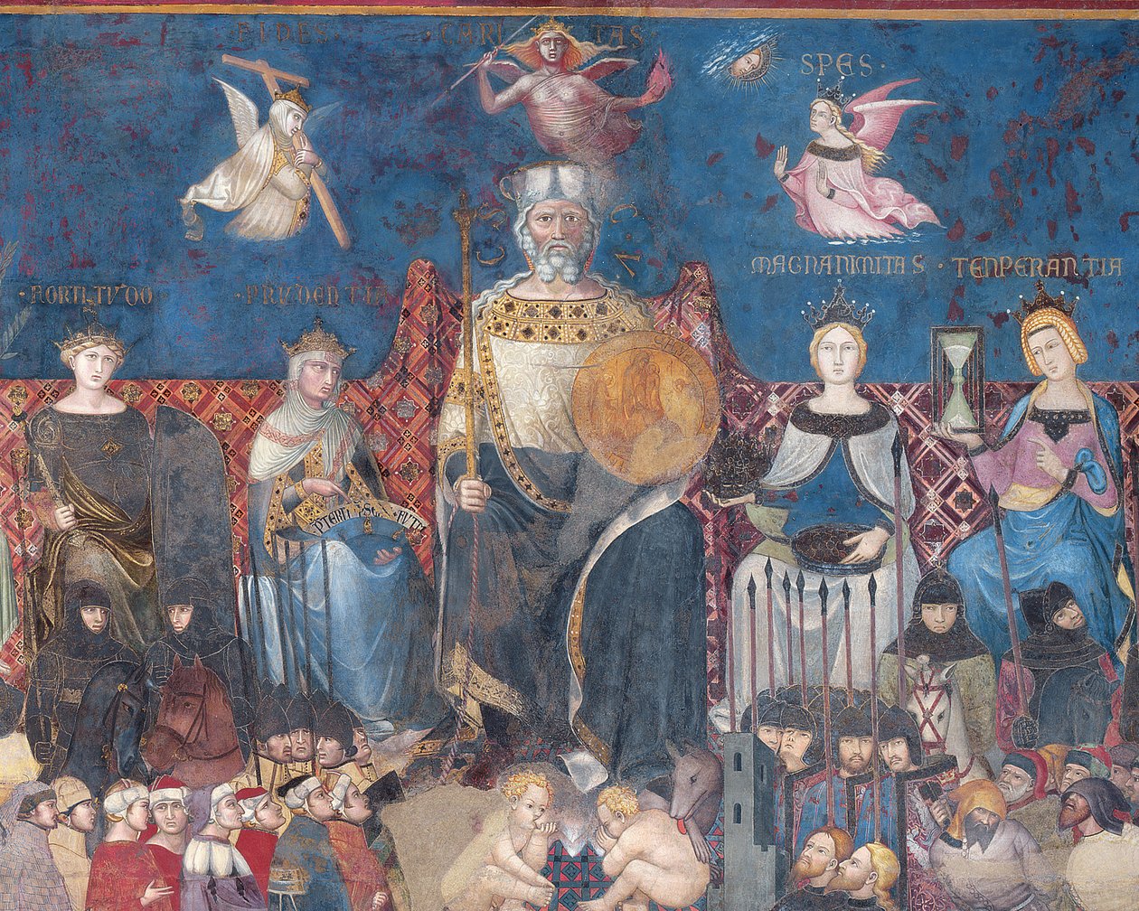 Yksityiskohta Hyvän hallituksen allegoriasta, 1338-40 fresko tekijältä Ambrogio Lorenzetti