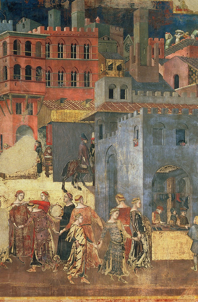 Hyvä hallitus kaupungissa, 1338-40 yksityiskohta 57868 freskasta tekijältä Ambrogio Lorenzetti