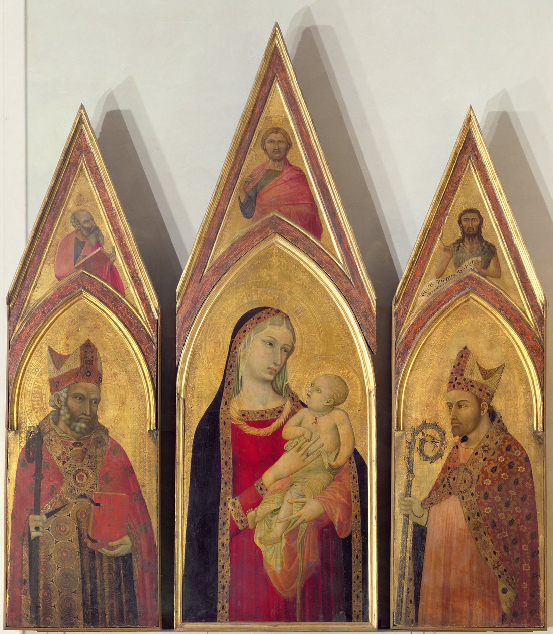 Madonna ja lapsi SS:n kanssa. Nicholas ja Proculus, 1332 (tempera paneelissa) tekijältä Ambrogio Lorenzetti