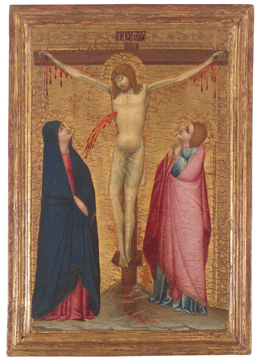 Ristiinnaulitseminen, Madonna ja Johannes evankelista (tempera ja kulta paneelille). tekijältä Ambrogio (circle of) Lorenzetti