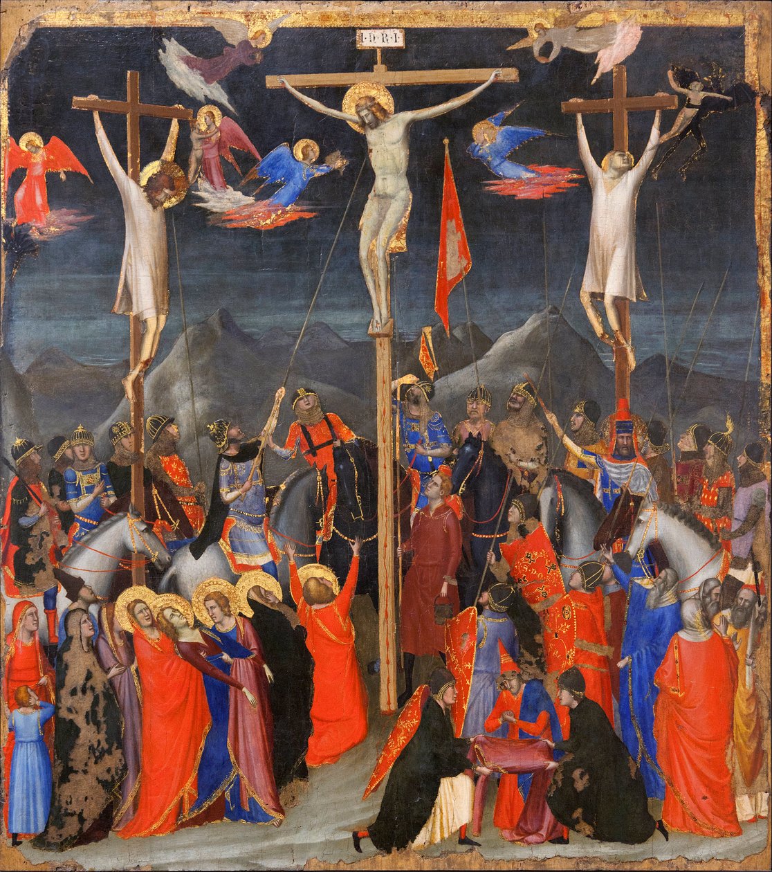 Ristiinnaulitseminen - Sivuilla hyvän varkaan (kutsutaan myös Saint Dismasiksi (tai Dysmas, Dimas, Dumas) ja pahan varkaan (Gesmas tai Gestas) esitys, kaksi Jeesuksen Kristuksen kanssa ristiinnaulittua ryöväriä - Kirjoitus INRI (I N R I) ristillä - Gion ma tekijältä Ambrogio Bondone (workshop) Giotto